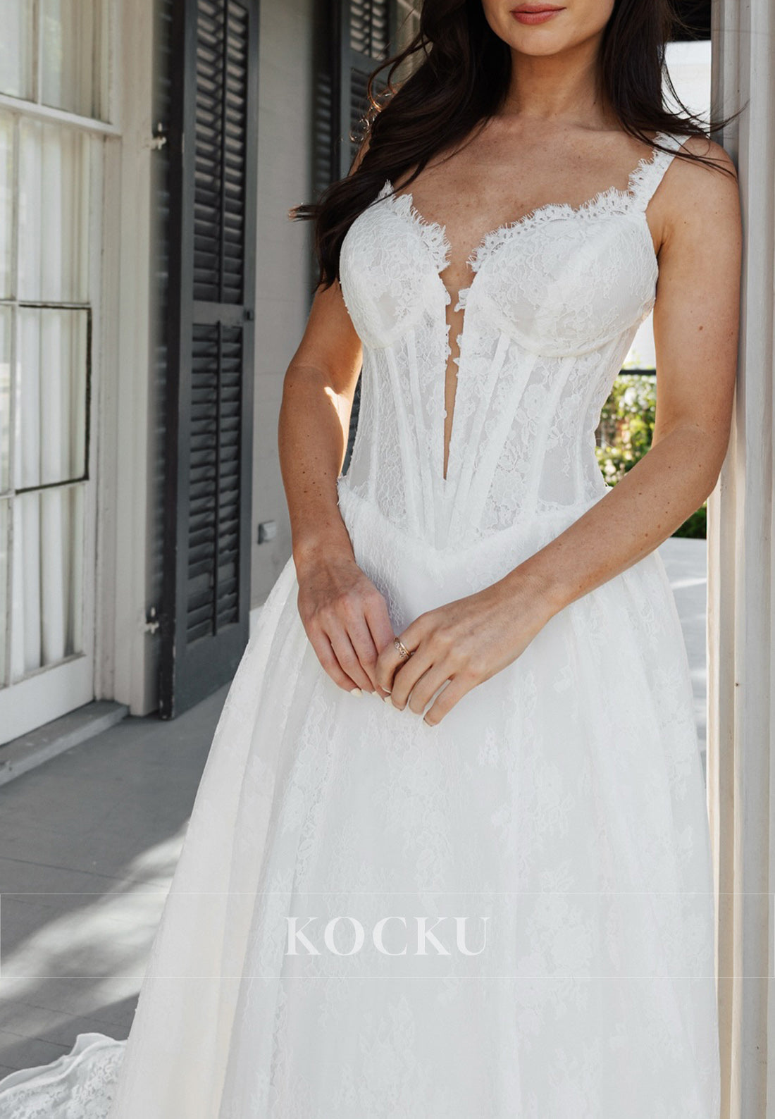 Romantic Spaghetti - Strap Lace Wedding Dress with Plunging Corset Bodice & Flowy Train