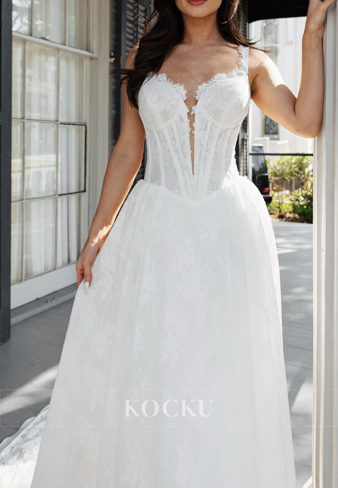 Romantic Spaghetti - Strap Lace Wedding Dress with Plunging Corset Bodice & Flowy Train