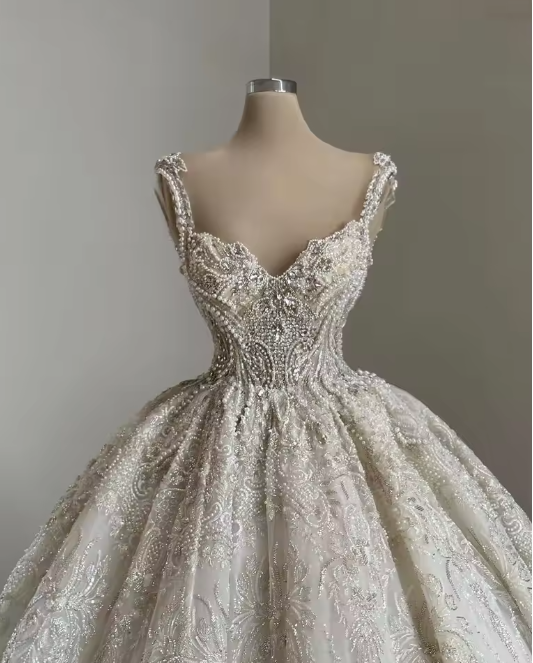 Unique Bridal Gown Ball Gown Straps Neck White Sequin Wedding Dresses Pretty Bridal Gowns