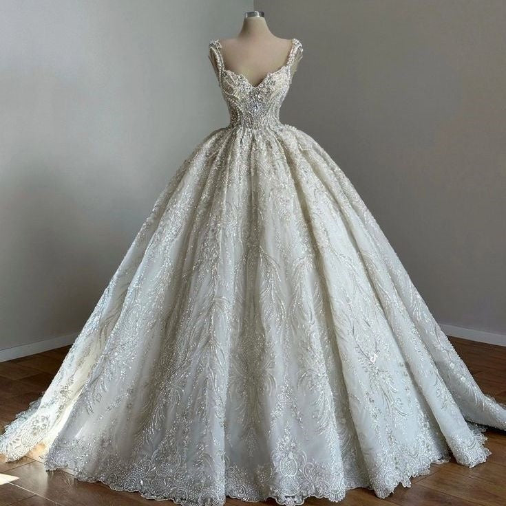 Unique Bridal Gown Ball Gown Straps Neck White Sequin Wedding Dresses Pretty Bridal Gowns