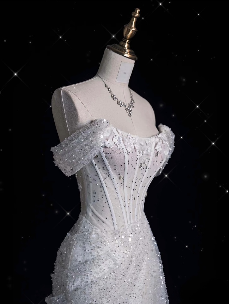 Unique Mermaid Off The Shoulder Sequin Short Sleeves White Wedding Dresses Brides Dress