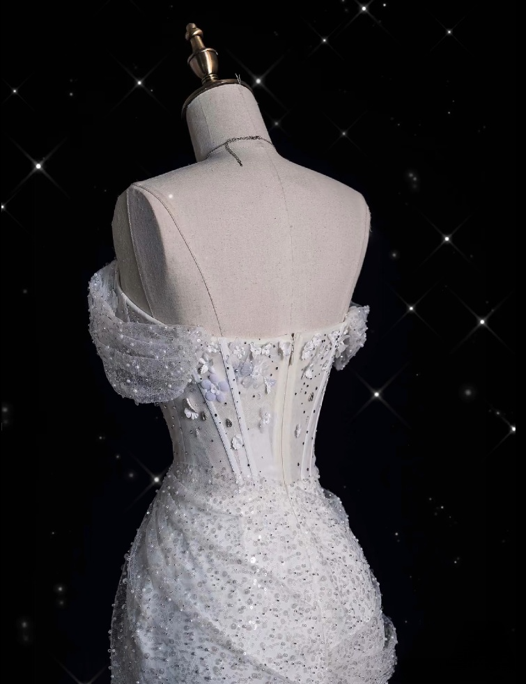 Unique Mermaid Off The Shoulder Sequin Short Sleeves White Wedding Dresses Brides Dress