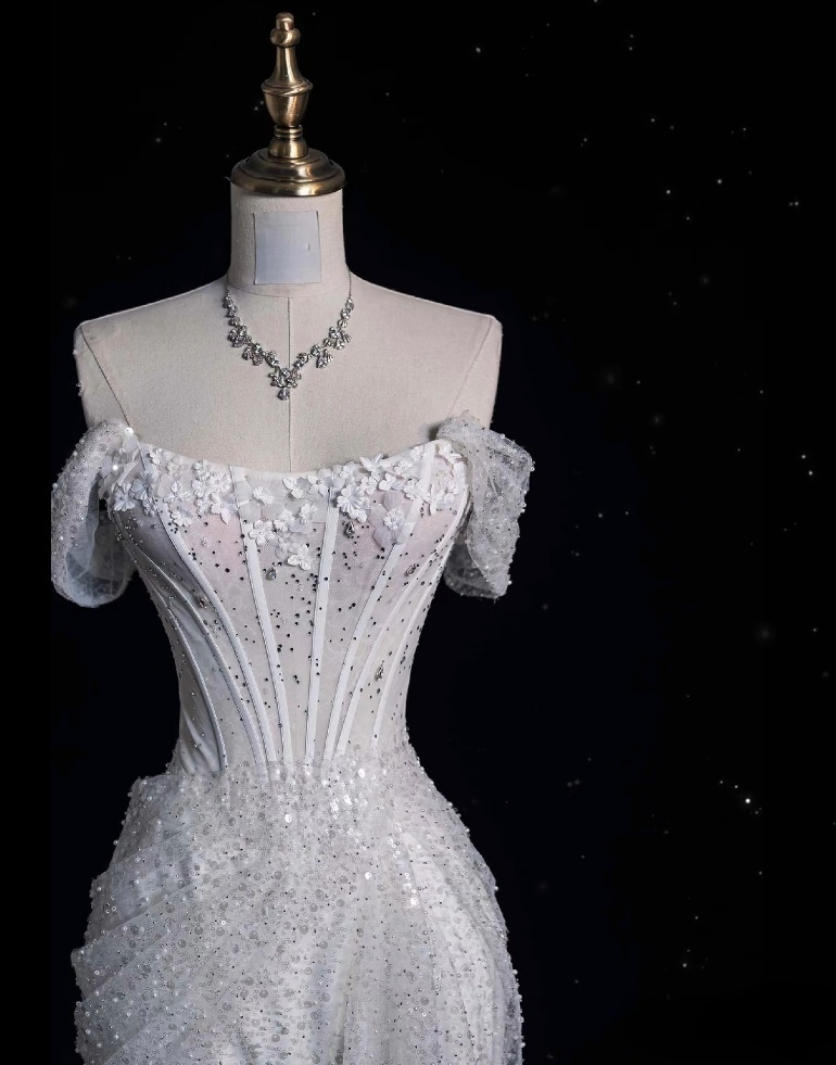 Unique Mermaid Off The Shoulder Sequin Short Sleeves White Wedding Dresses Brides Dress