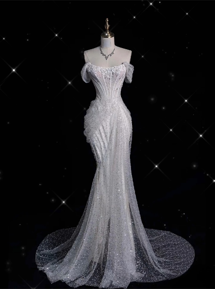 Unique Mermaid Off The Shoulder Sequin Short Sleeves White Wedding Dresses Brides Dress