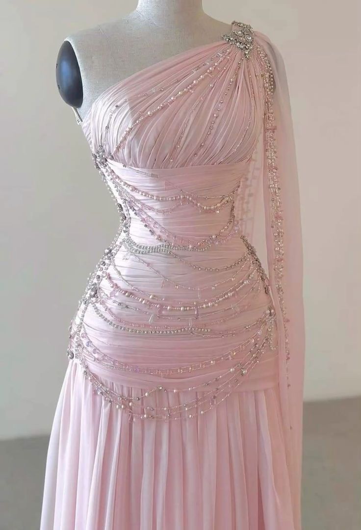 Vintage A Line One Shoulder Pink Chiffon Floor Length Prom Dresses Beads Evening Dress