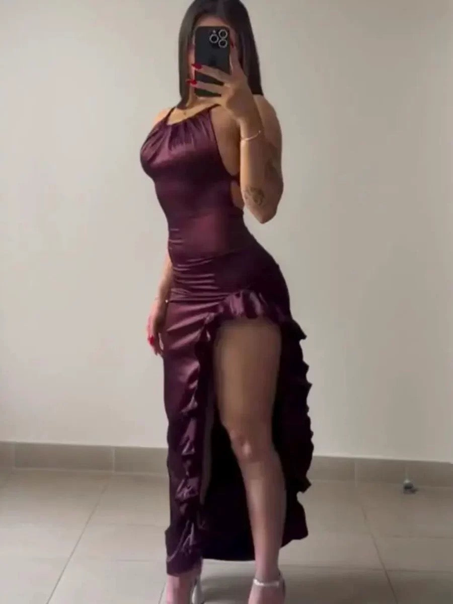 Vintage Backless Ruffle Asymmetrical Midi Length Party Dress