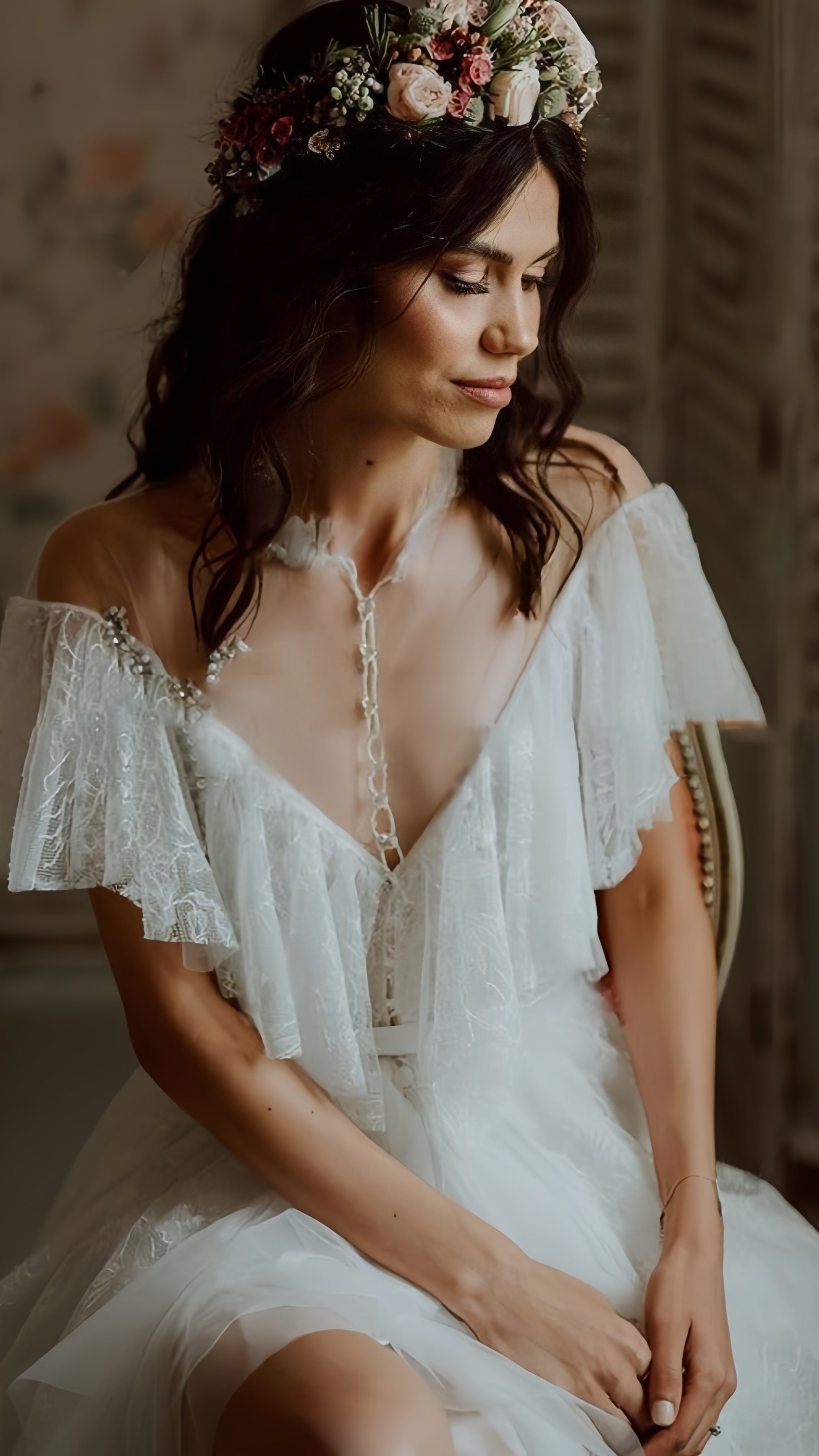 Vintage Lace Ruffle Party Dress, White Wedding Dresses With Slit