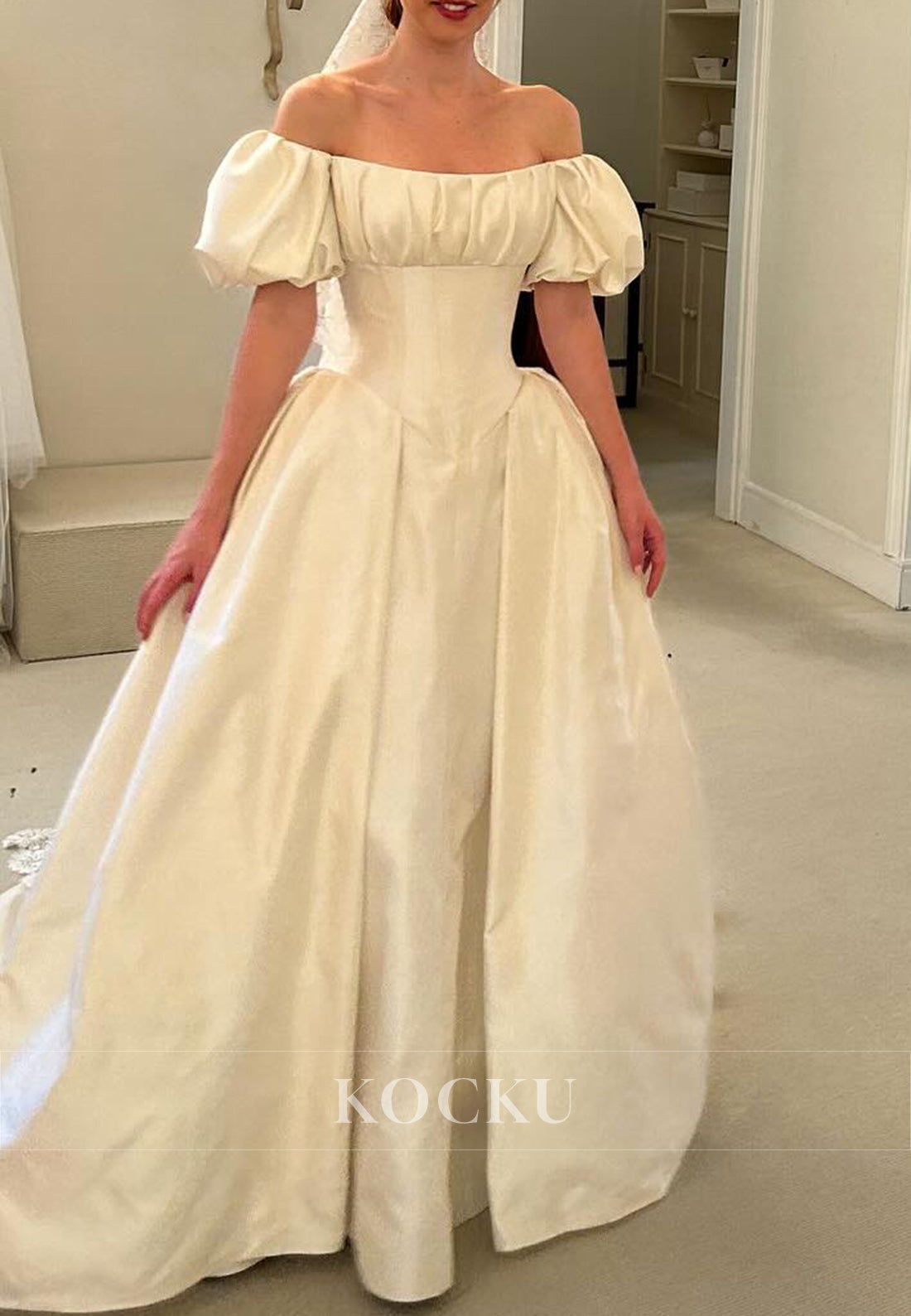 Vintage - Inspired Off - Shoulder Satin Ball Gown Wedding Dress with Puff Sleeves & Corset Bodice