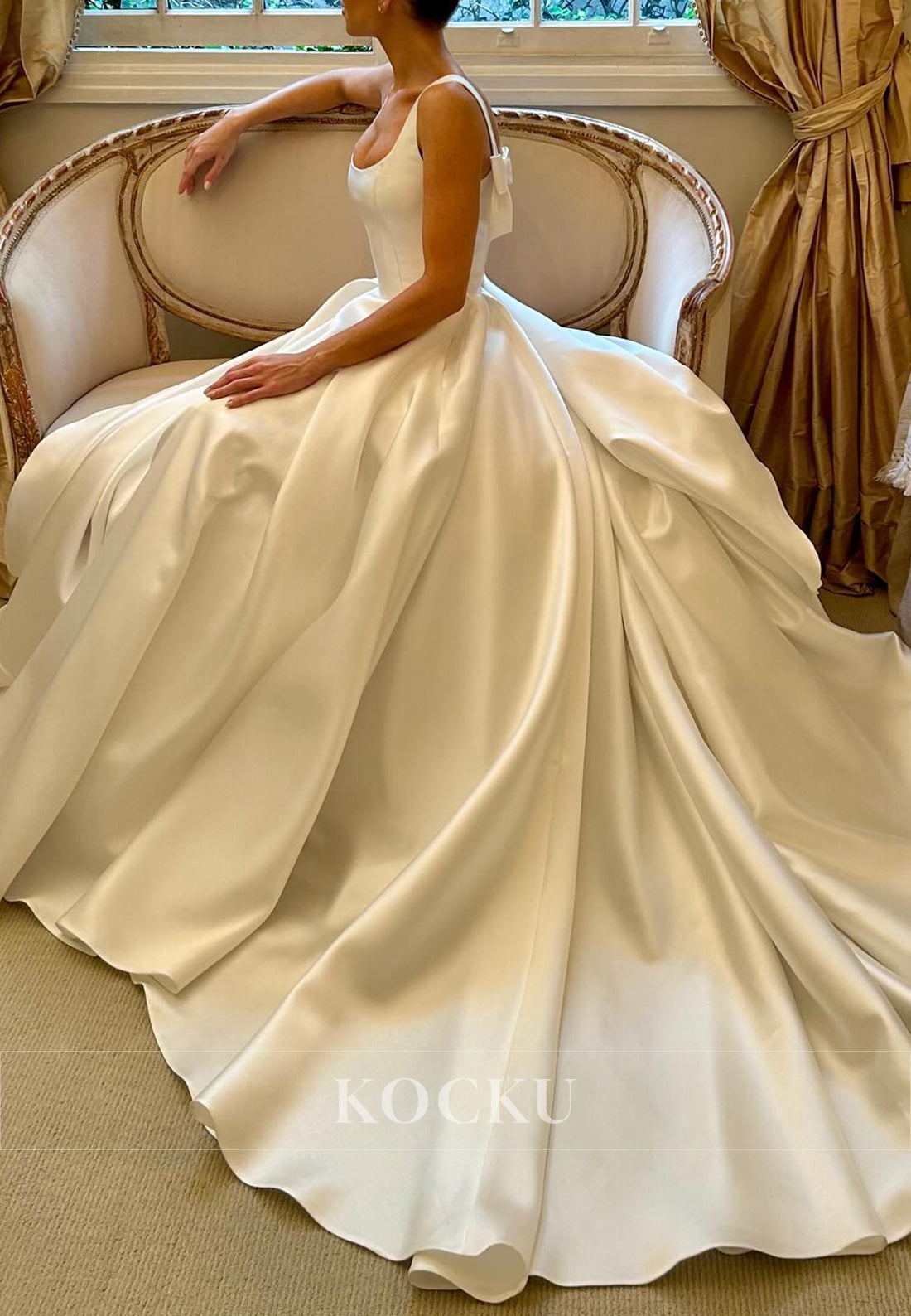 Square Neck Satin Ball Gown Wedding Dress with Bow - Detailed Straps & Train