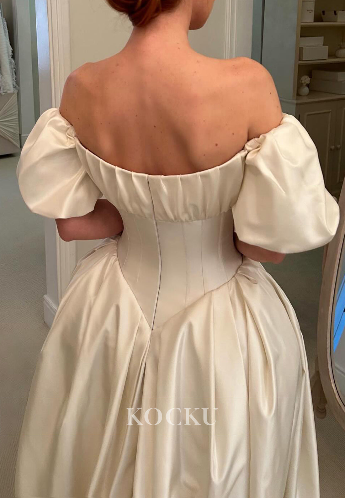 Vintage - Inspired Off - Shoulder Satin Ball Gown Wedding Dress with Puff Sleeves & Corset Bodice