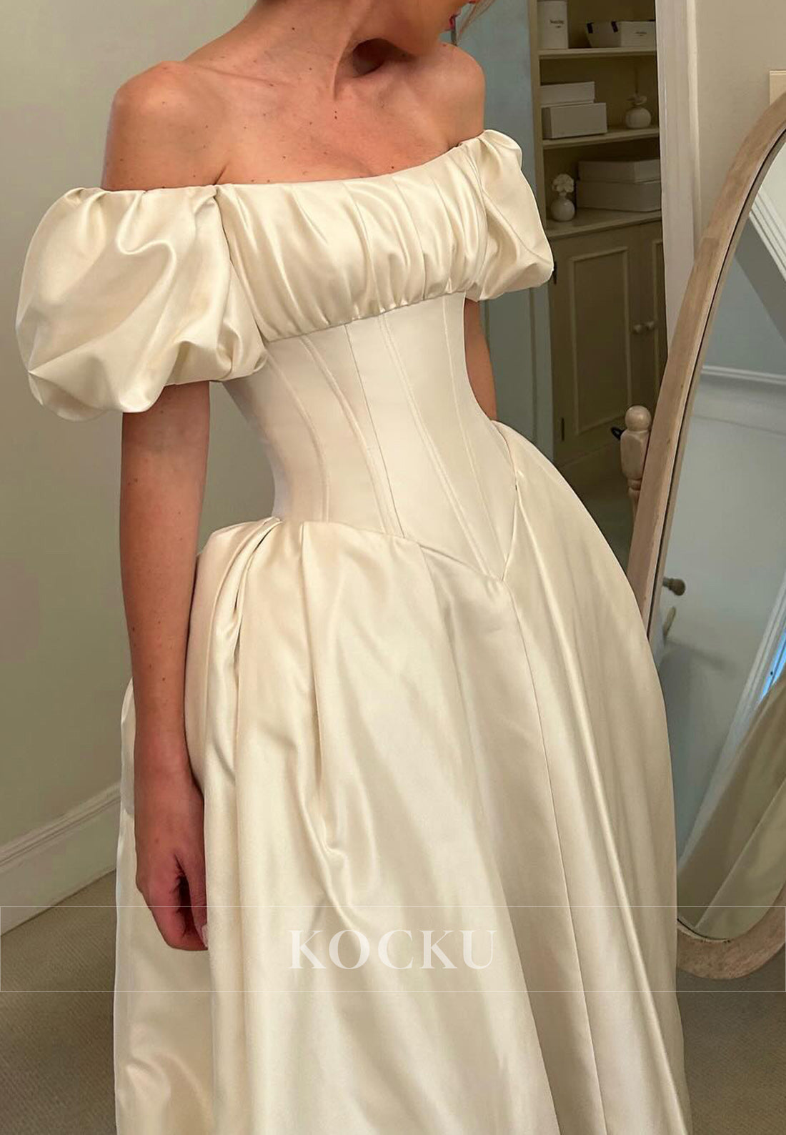 Vintage - Inspired Off - Shoulder Satin Ball Gown Wedding Dress with Puff Sleeves & Corset Bodice