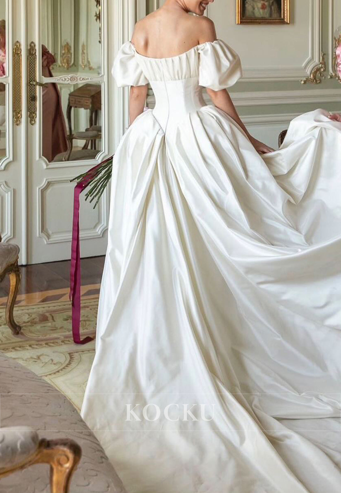 Vintage - Inspired Off - Shoulder Satin Ball Gown Wedding Dress with Puff Sleeves & Corset Bodice