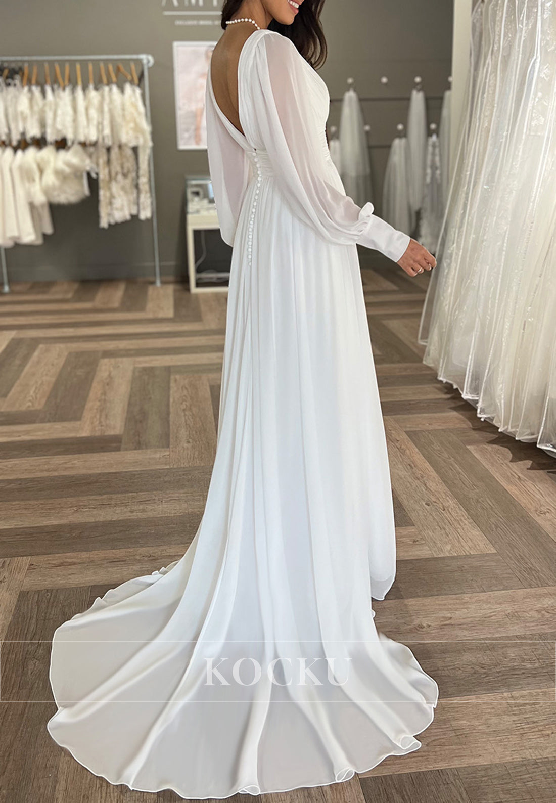 White Deep Neck High-Waist Backless Wedding Dress with Balloon Sleeves and Side Slit