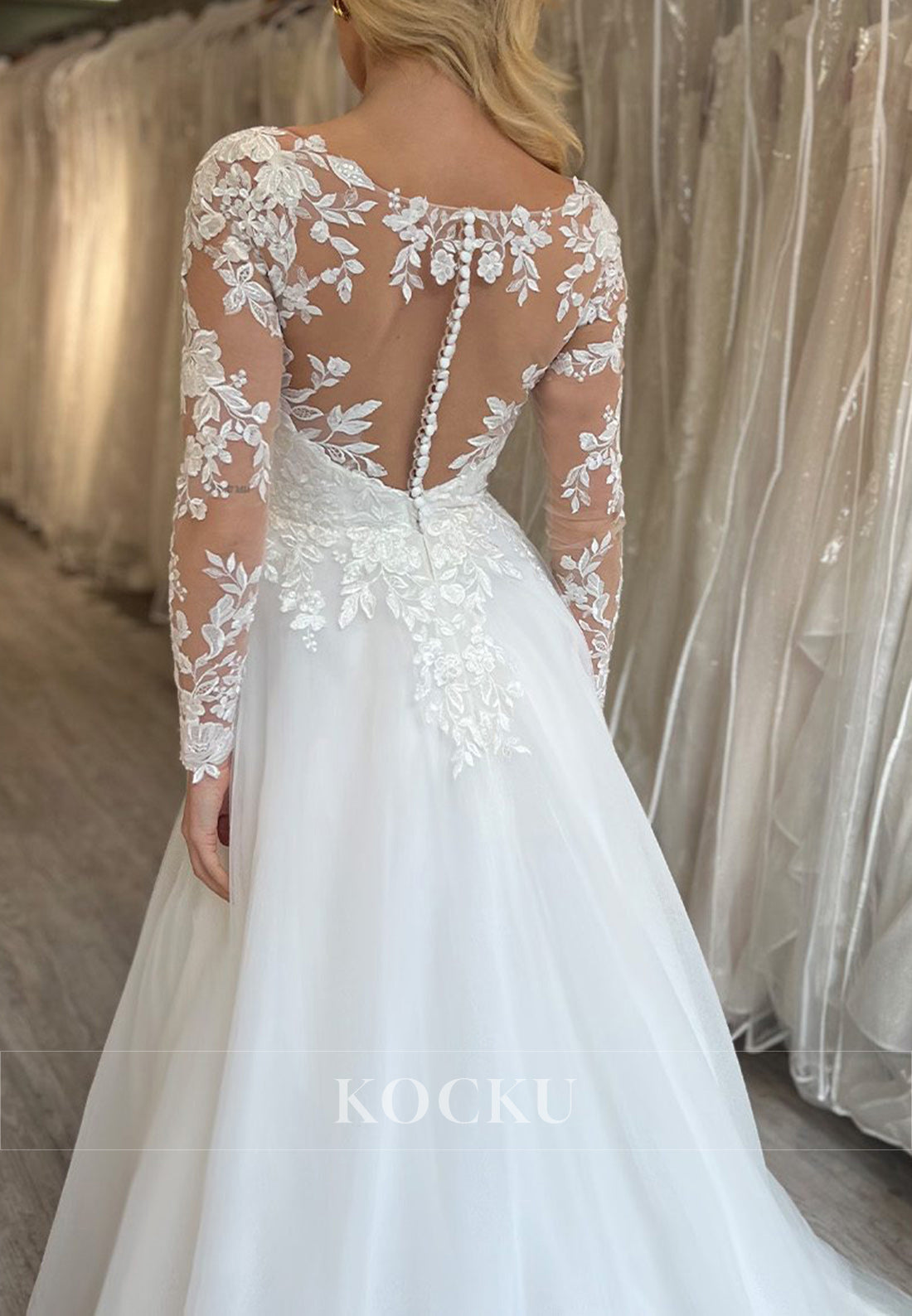 White Appliques Sweetheart Sheer Back A-Line Wedding Dress with Long Sleeves
