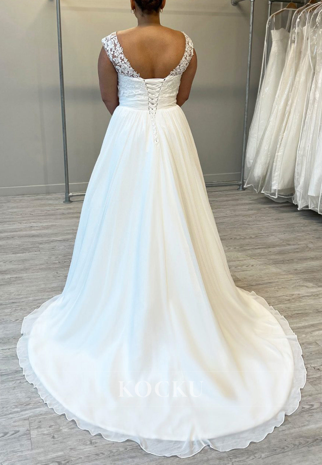 White Off-Shoulder Sheer Strap Lace-Up A-Line Long Wedding Dress with Appliques
