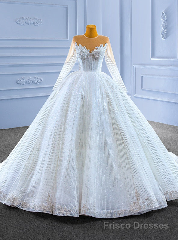 White Tulle Sequins Long Sleeve Beading Illusion Neck Wedding Dress