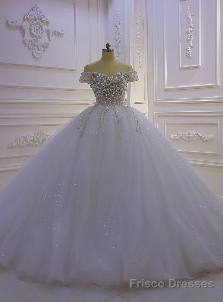 White Tulle Sequins Pearls Off the Shoulder Wedding Dress