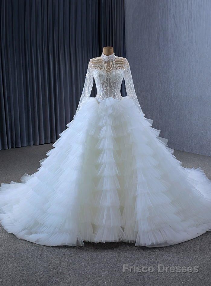 White Tulle Tiers High Neck Long Sleeve Beading Pearls Wedding Dress