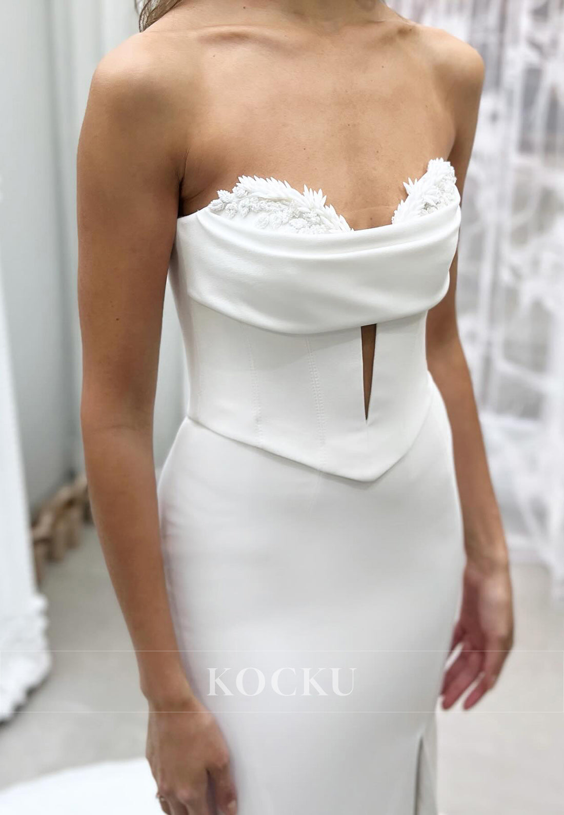 Floral Appliqués Strapless Keyhole Front Mermaid Wedding Dress with Side Slit