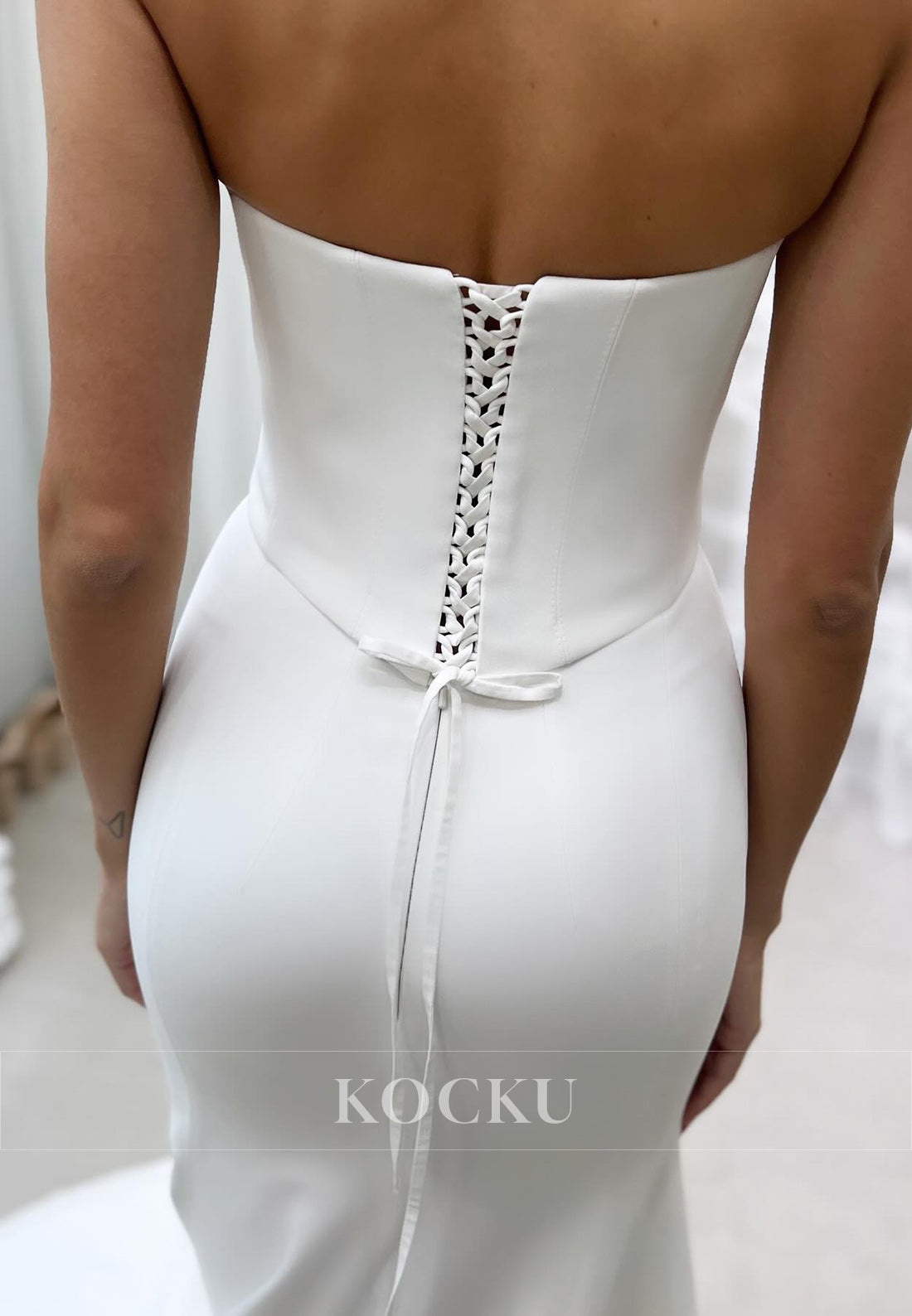 Floral Appliqués Strapless Keyhole Front Mermaid Wedding Dress with Side Slit