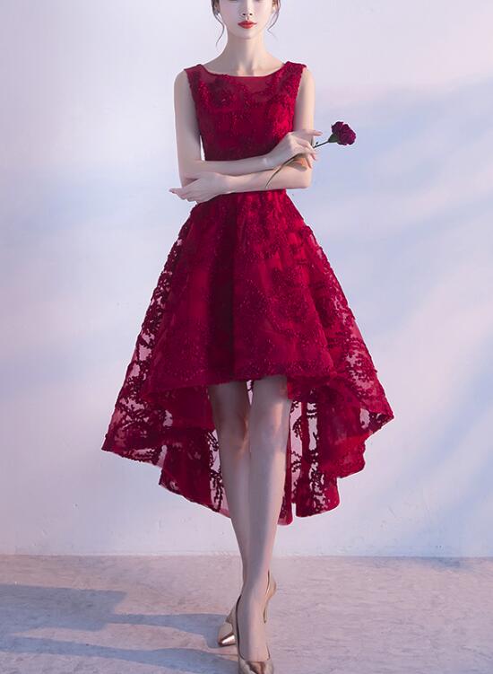 Wine Red Lace High Low Charming Formal Dress, Junior Party Dress, Cute Prom Dress