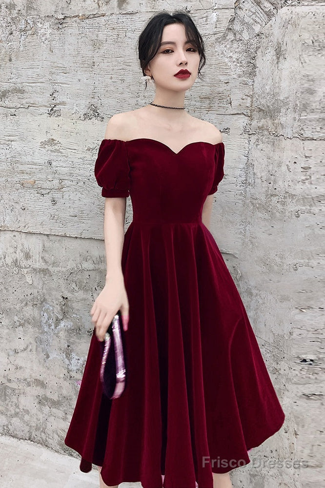 Wine Red Short Velvet Evening Dresses, Off Shoulder Prom Dresses Bridesmaid Dress