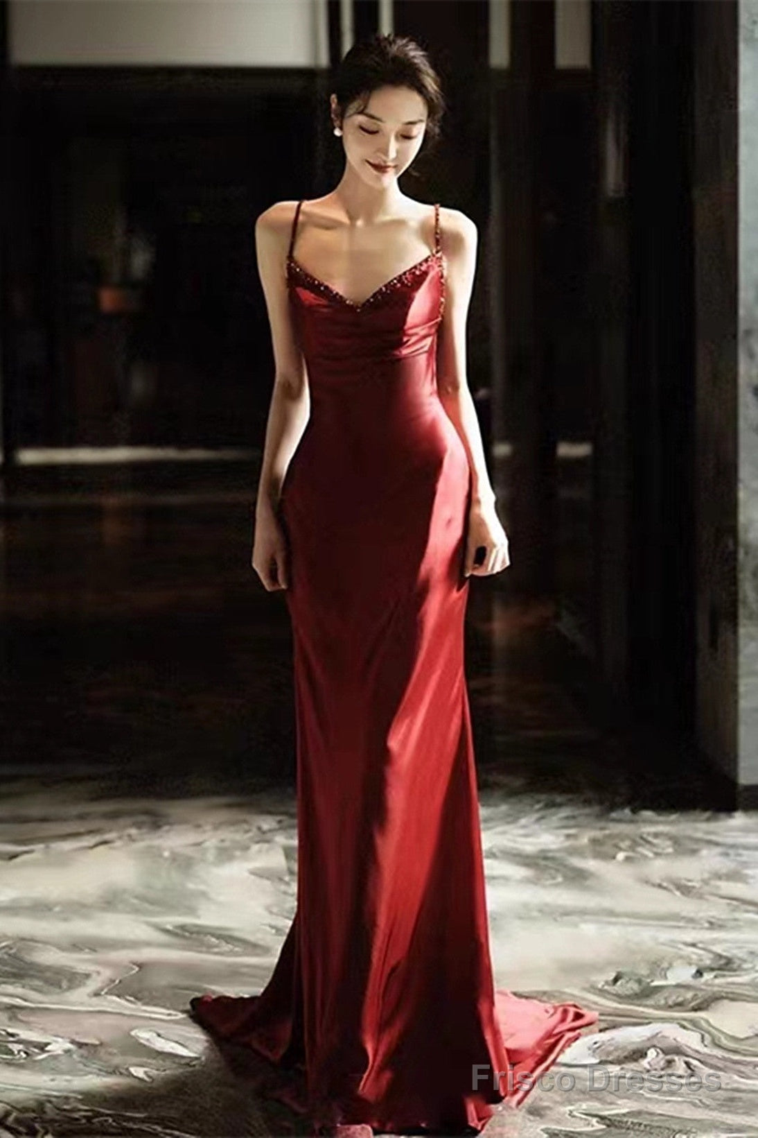 Wine Red Soft Satin Straps V-Neckline Party Dress, Wine Red Evening Dress