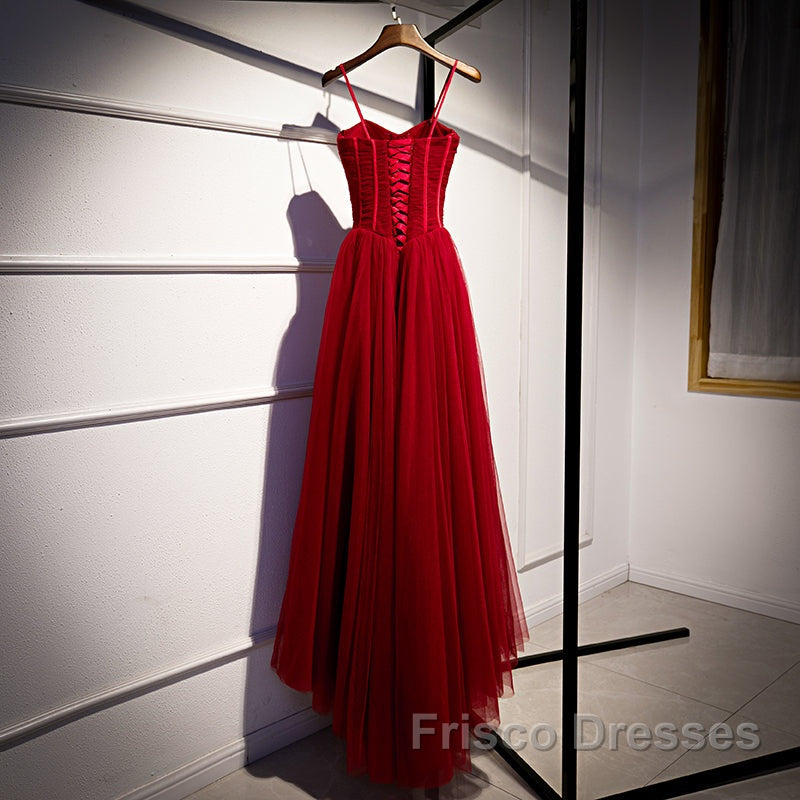 Wine Red Tulle Straps Long Sweetheart Party Dress Formal Dress, A-Line Dark Red Evening Dress