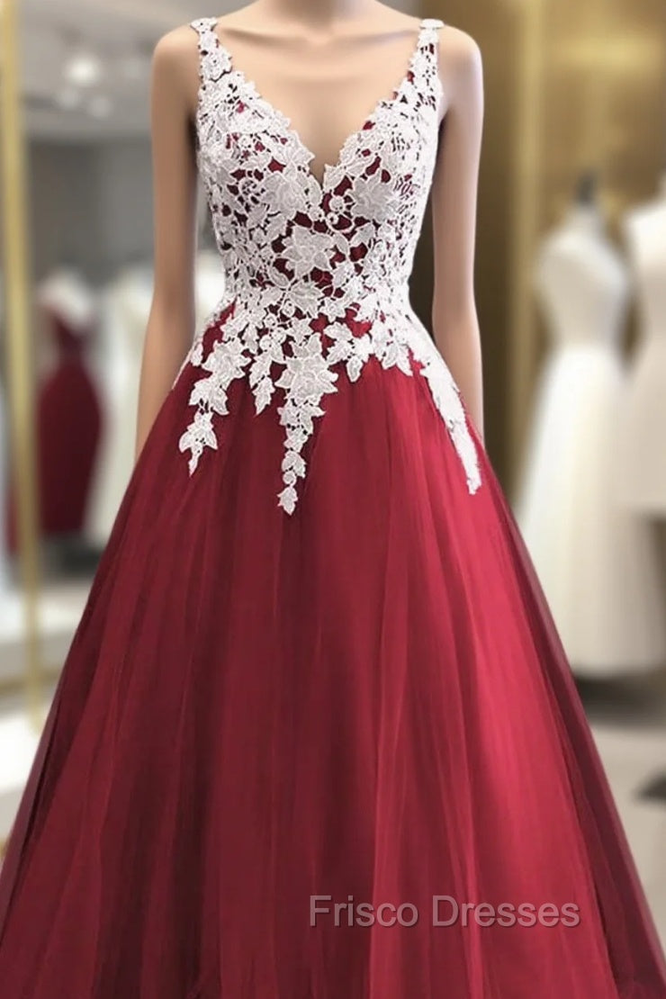 Wine Red Tulle With White Lace V-Neckline Formal Prom Dress, Wine Red Long Evening Dress