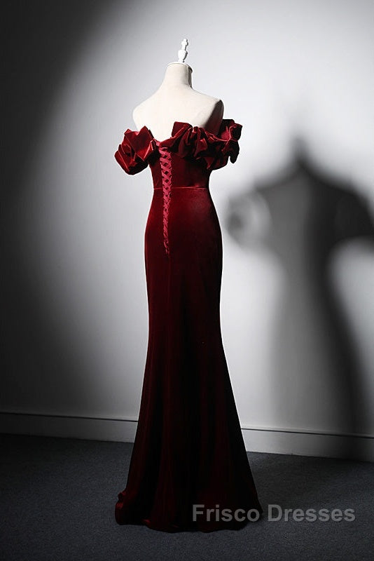 Wine Red Velvet Off Shoulder Mermaid Long Formal Prom Dress, Long Lace-Up Evening Dress