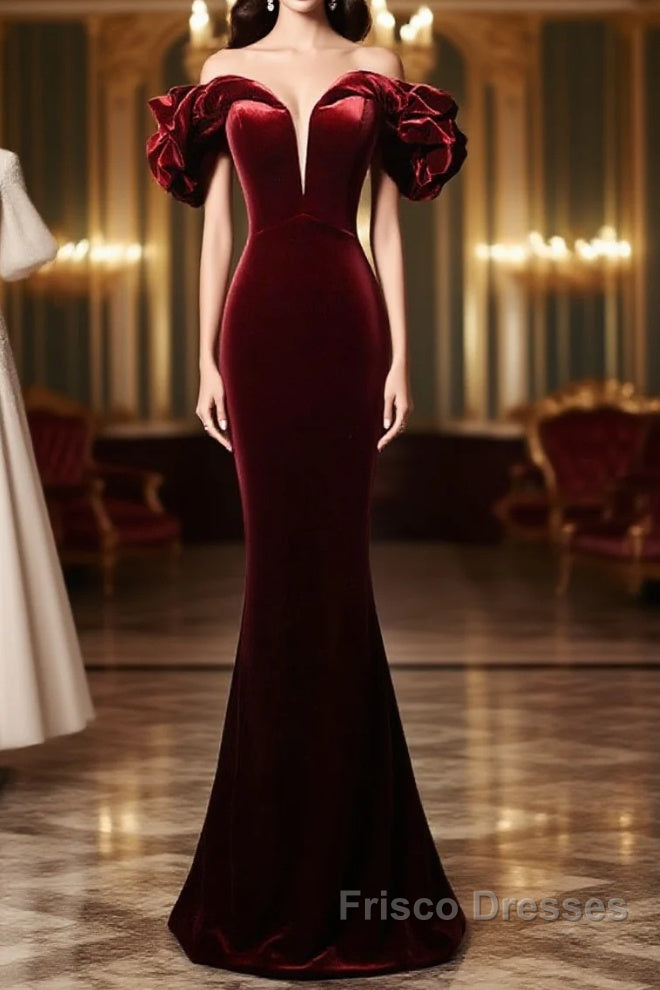 Wine Red Velvet Off Shoulder Mermaid Long Formal Prom Dress, Long Lace-Up Evening Dress