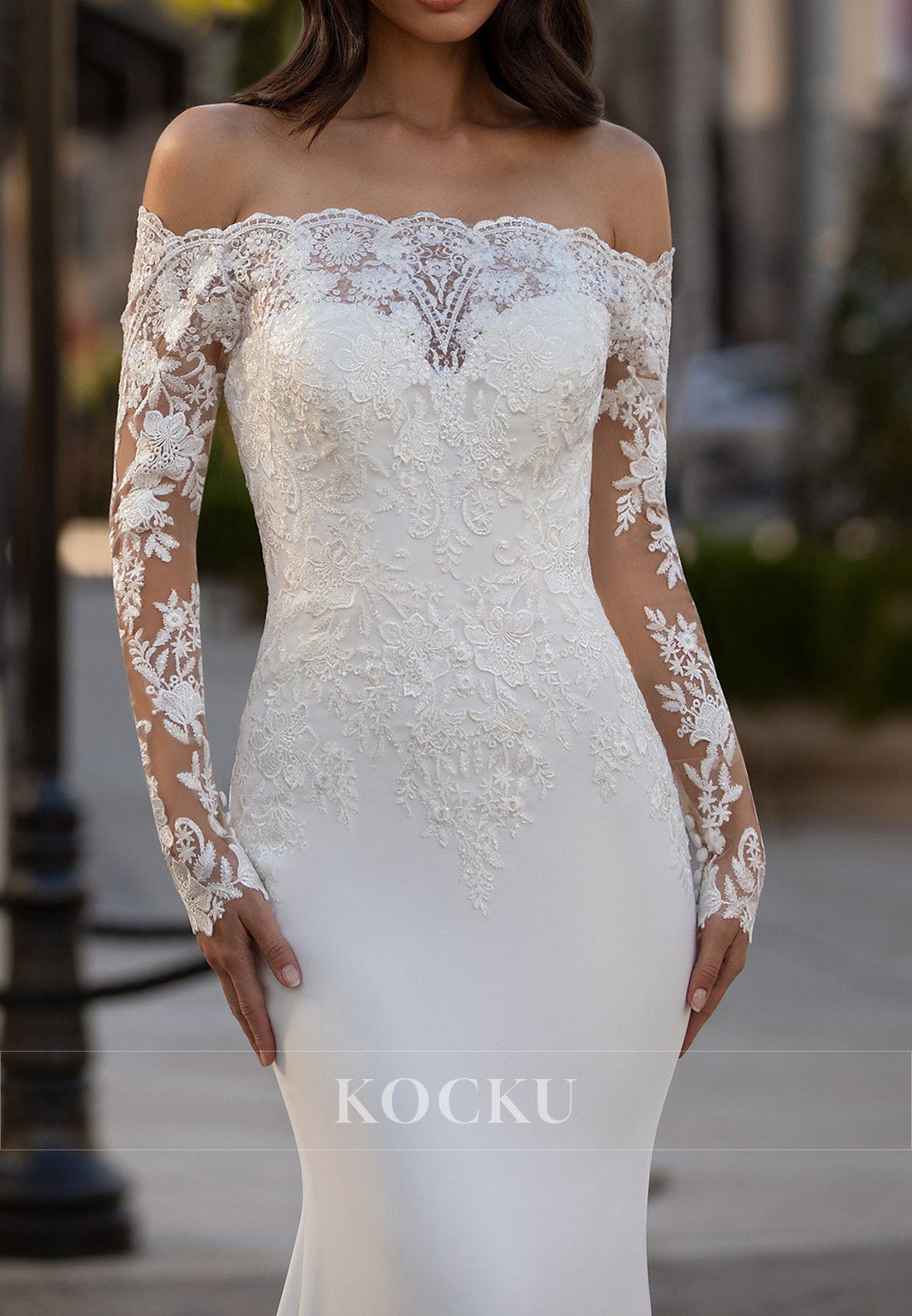 Elegant Off - Shoulder Lace Illusion Long Sleeve Mermaid Wedding Dress