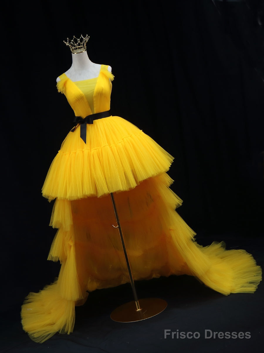 Yellow Tulle High Low Prom Dress, Yellow Formal Evening Dress