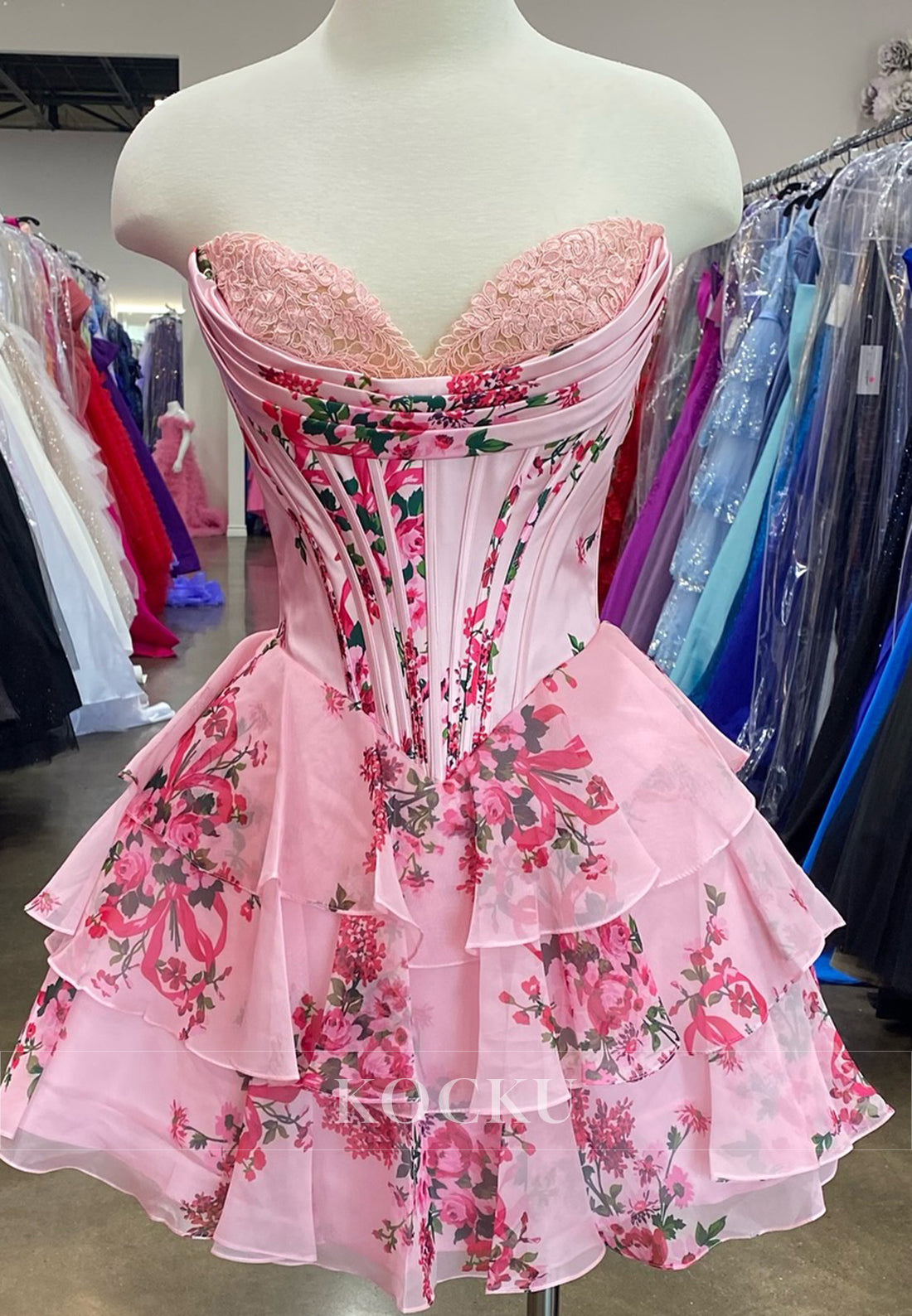 A-Line Strapless Sweetheart Print Flowers Homecoming Dresses