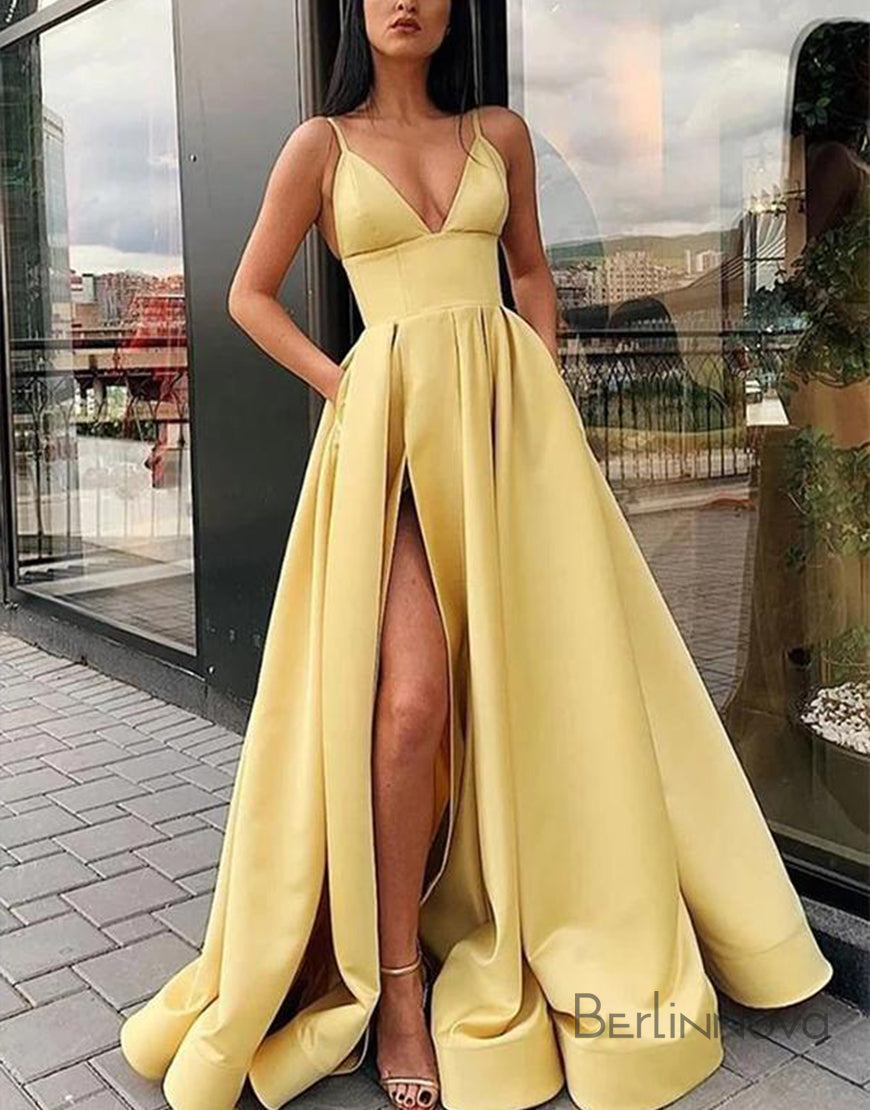 A-Line V-Neck Burgundy Prom Dress With Legsplit - Fashionpara