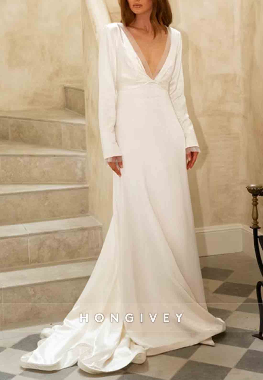 Low V-Neck Long Sleeves Court Train Pleated V Back Wedding Dresses