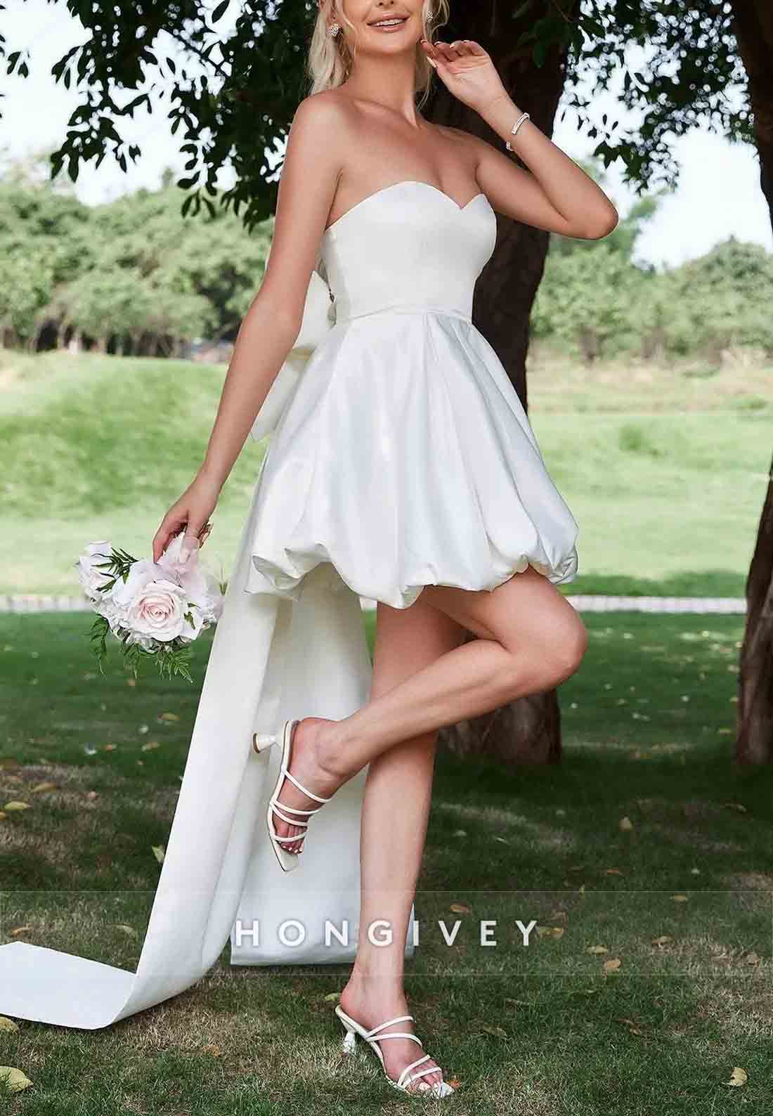 Sweetheart A-Line Satin Balloon Strapless Hem Wedding Dress With Big Bow