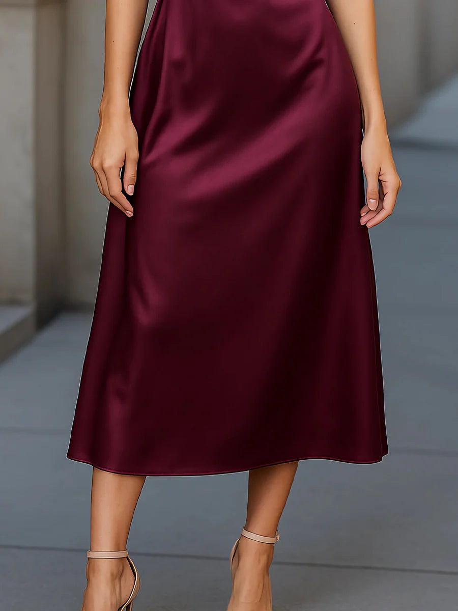 Burgundy Halter A-Line Midi Wedding Guest Dress