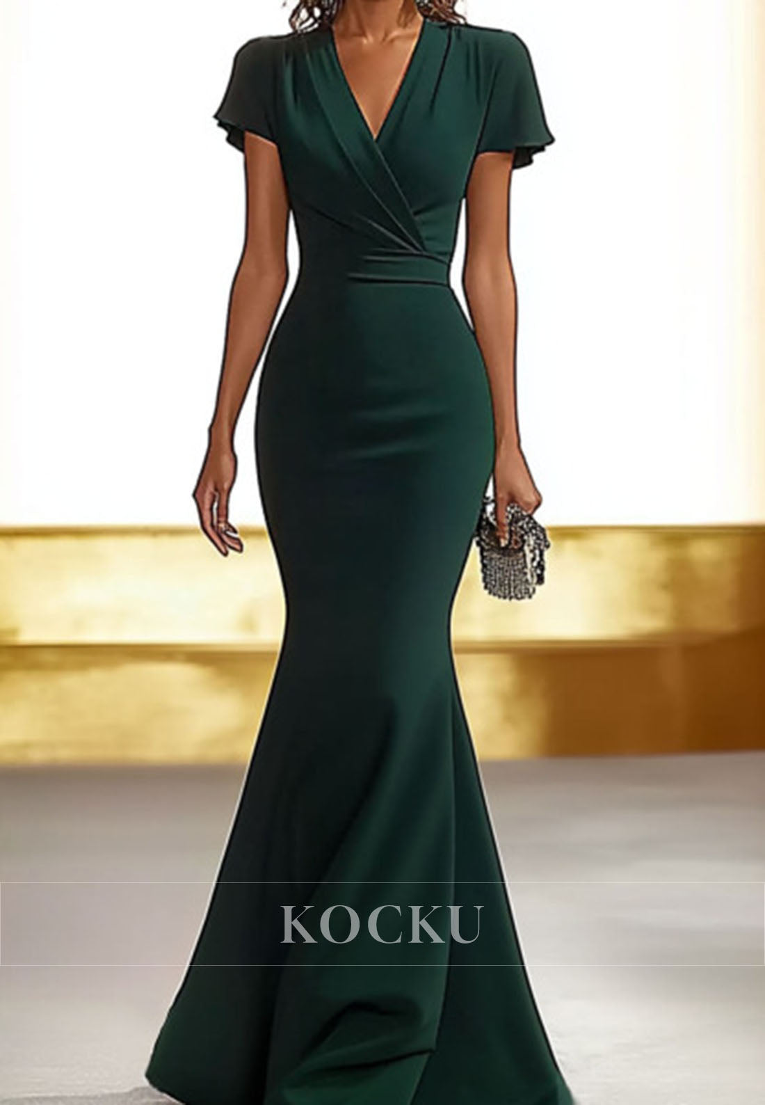 Graceful Low V-Neck Wedding Guest Dress Short Sleeves Mermaid Satin Formal Dress