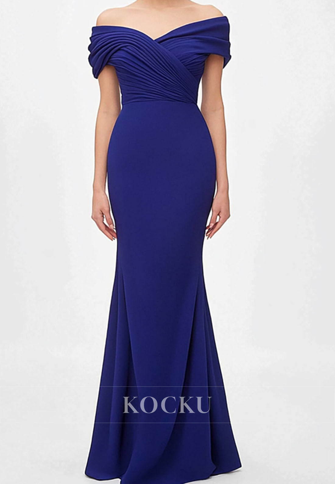 Dark Navy Pleated Satin Formal Gowns Off-Shoulder Sleeveless Long Wedding Guest Dress