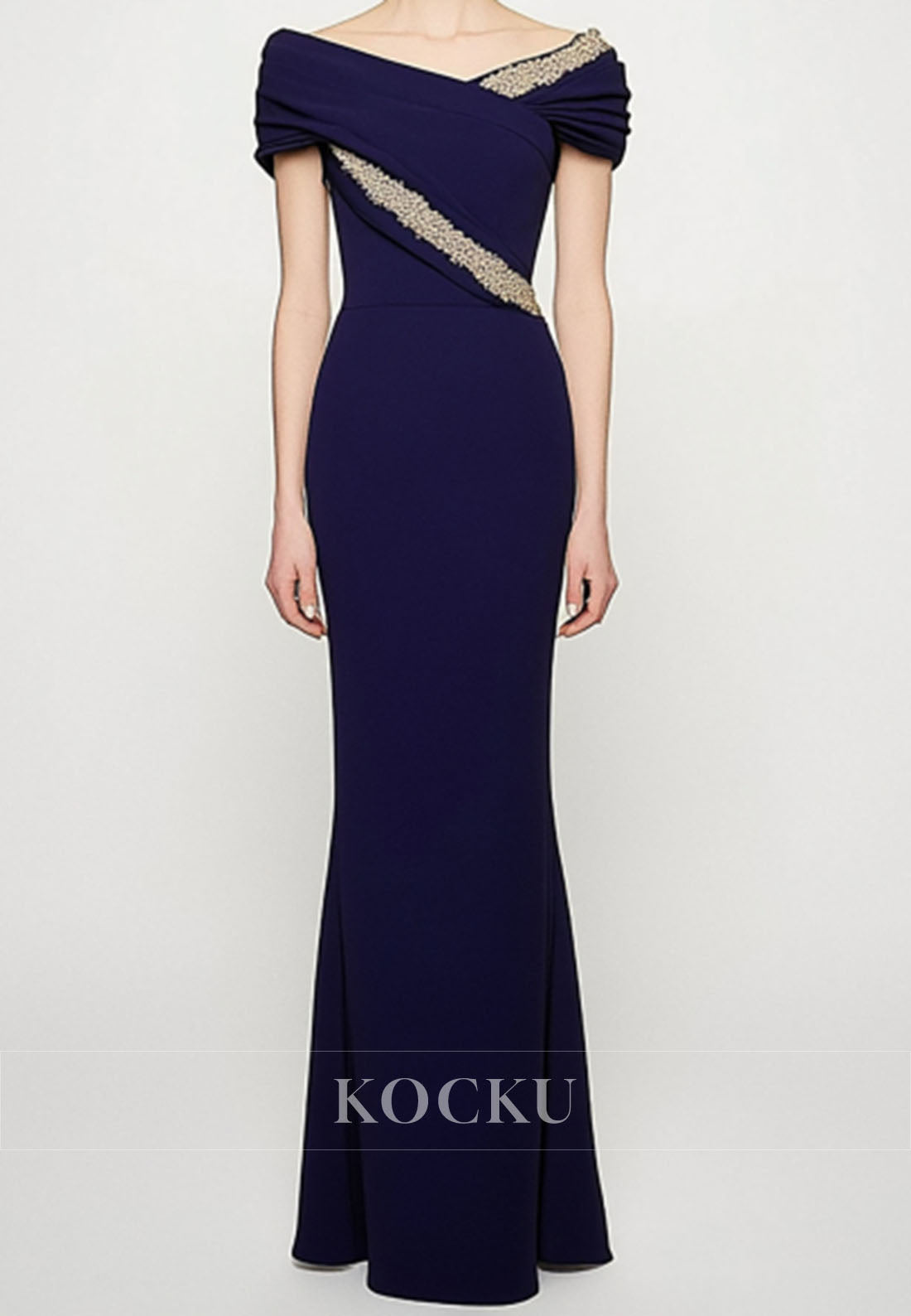 Elegant Off-Shoulder Fitted Satin Pleats Long Wedding Guest Dress with Beaded