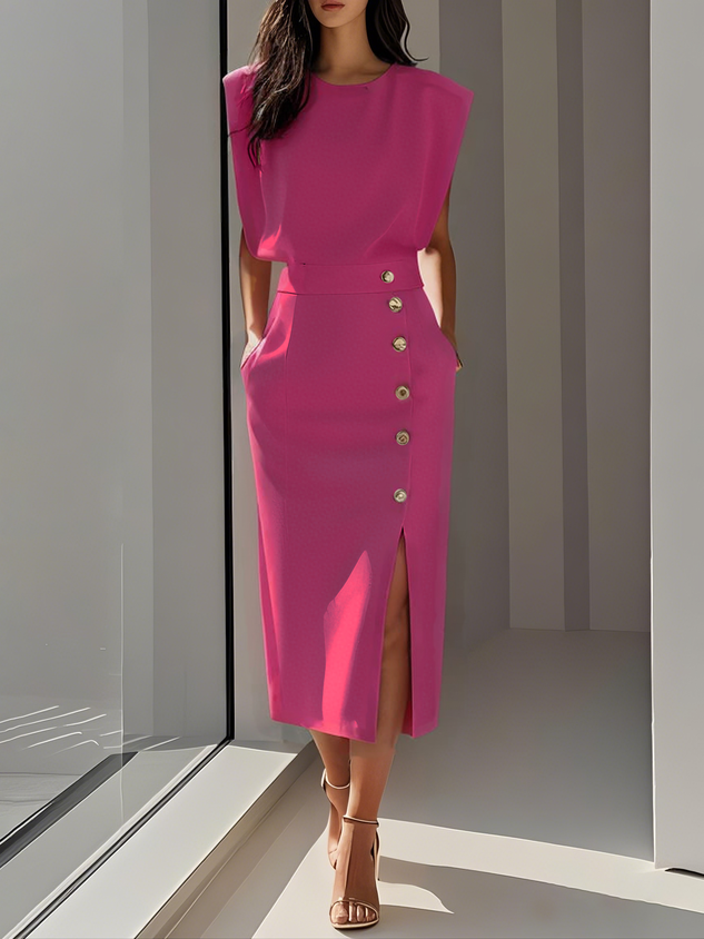 Off White Button Slit Crew Neck Sheath Midi Dress Wedding Guest Dresses