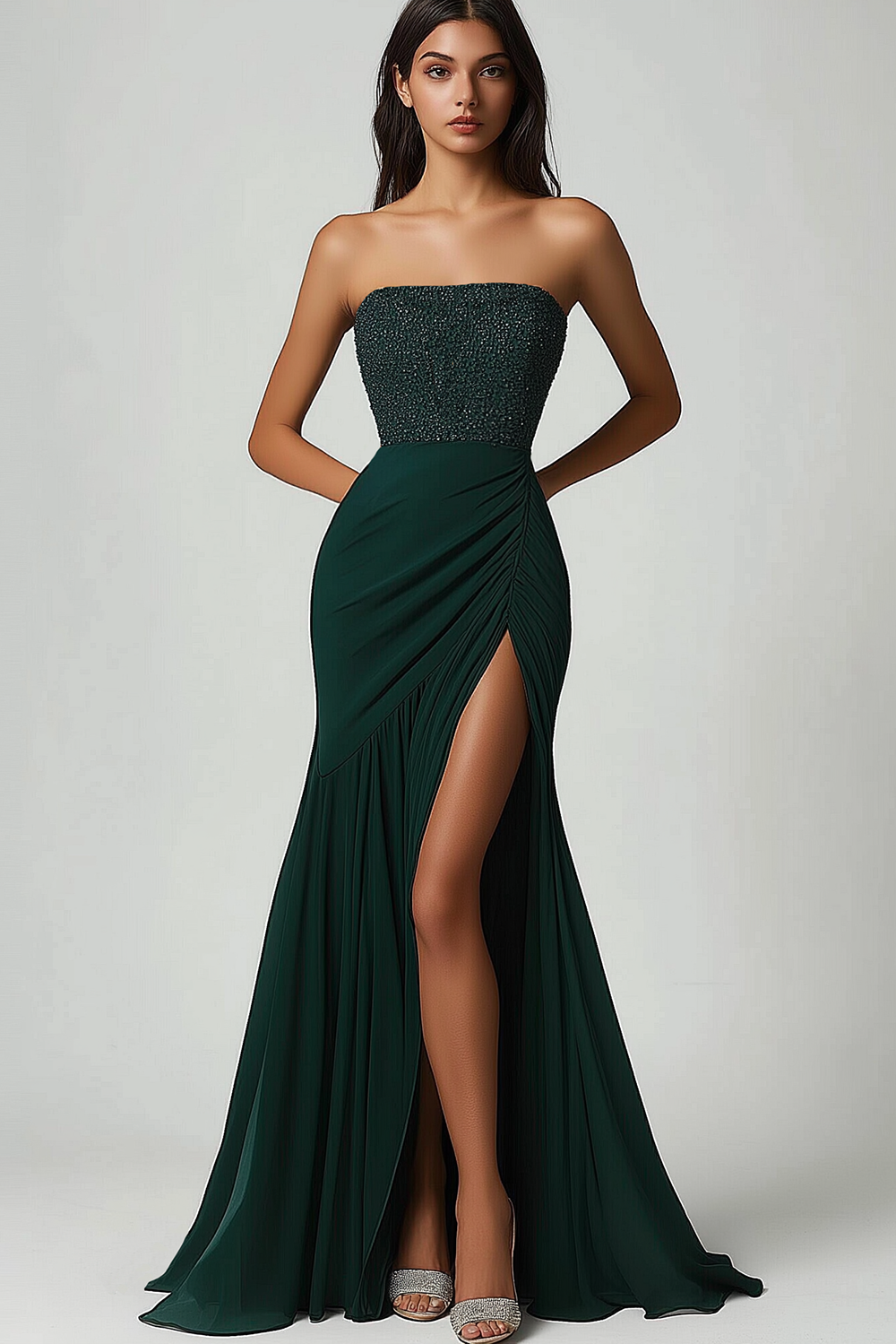 Sparkly Green Mermaid Strapless Sequins Prom Dress with Slit