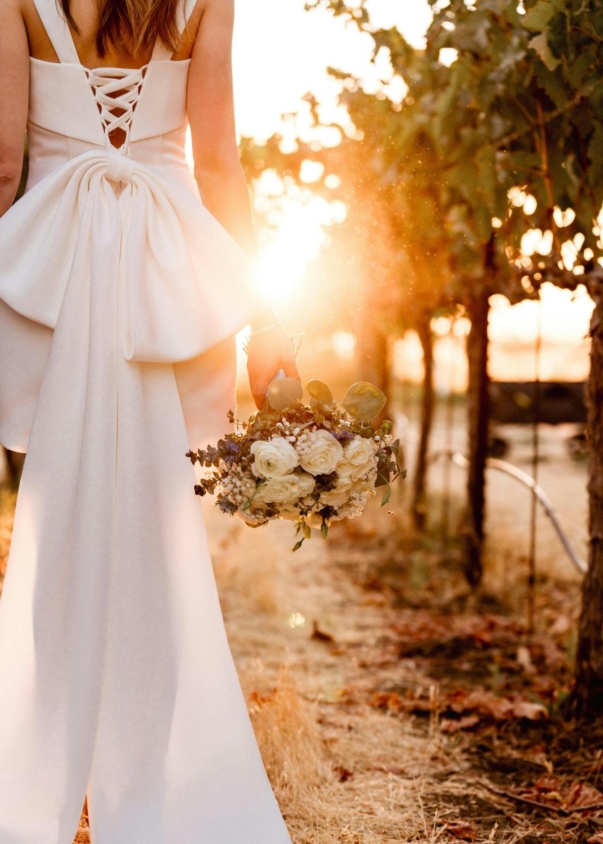Yvaine | Square Neck White Satin Short Wedding Dress with Bow Back and Veil