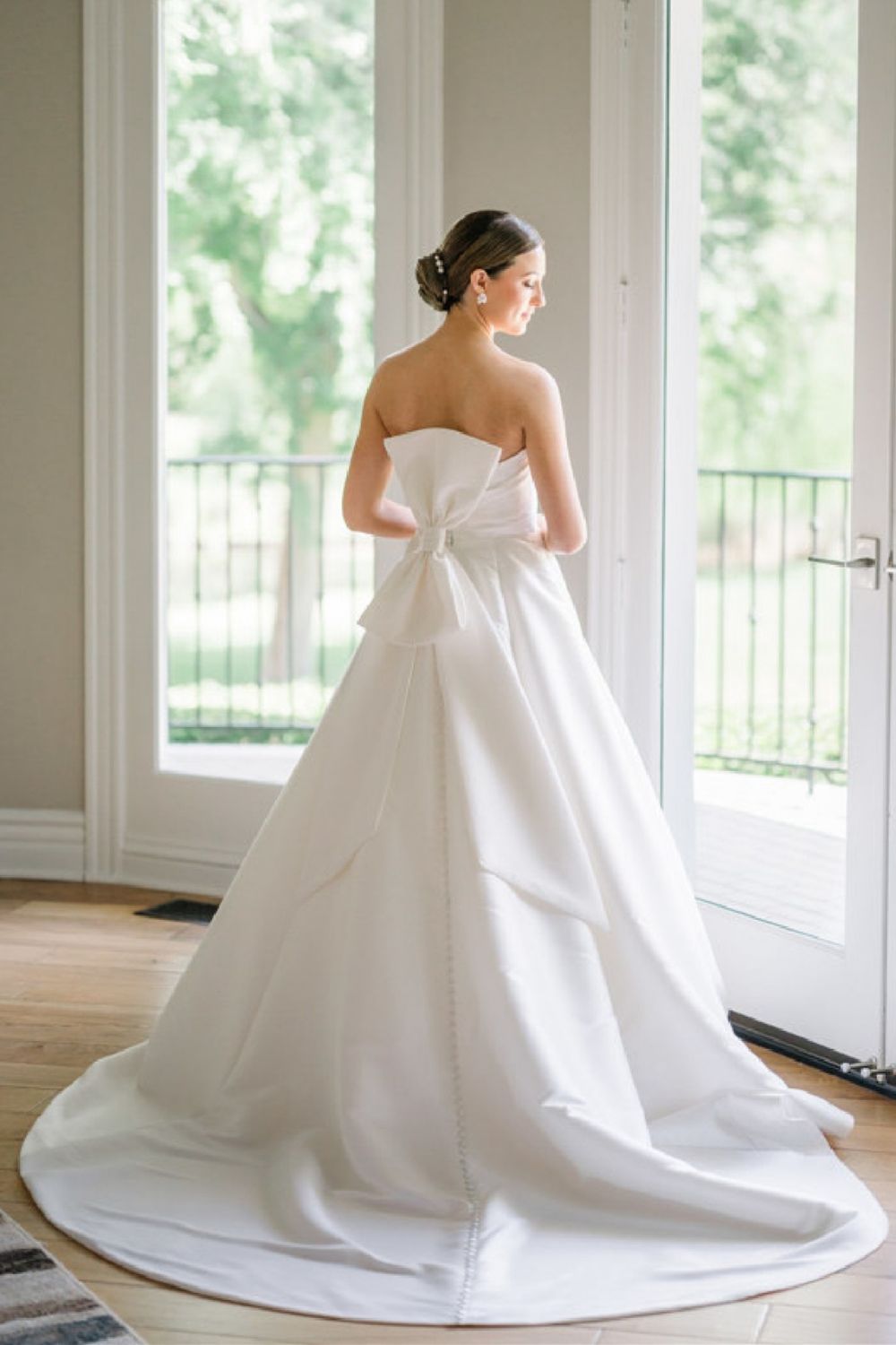 Elegant A Line Strapless White Satin Long Bridal Dress with Bowknot