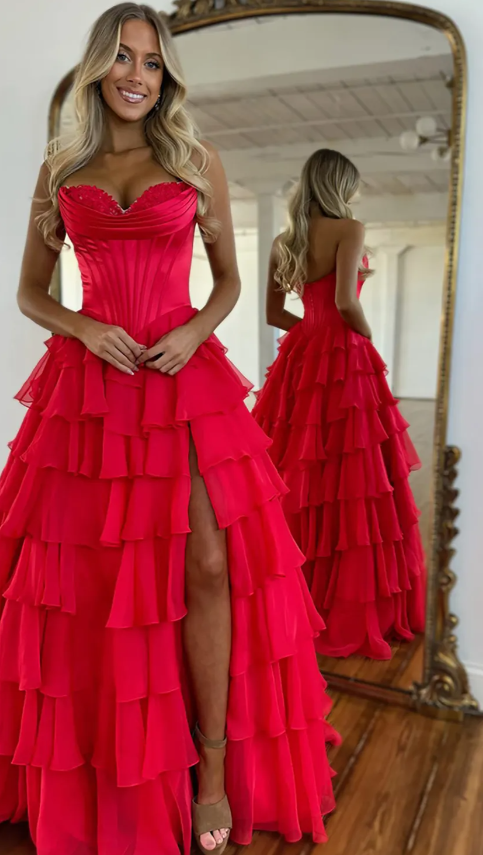 A-Line Sweetheart Sleeveless Floor-Length Pleated Lace Stripe Prom Dress with High Slit Formal Gown
