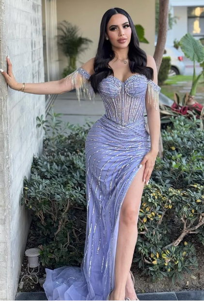 Sweetheart Sheath Sleeveless High Slit Stripe Beaded Prom Dress with Detachable Overskirt Party Gowns
