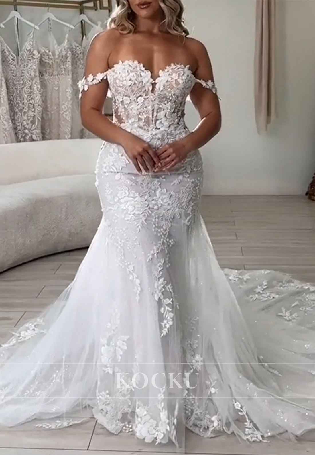 Sparkling Off the Shoulder Appliques Lace Trumpet Wedding Dresses