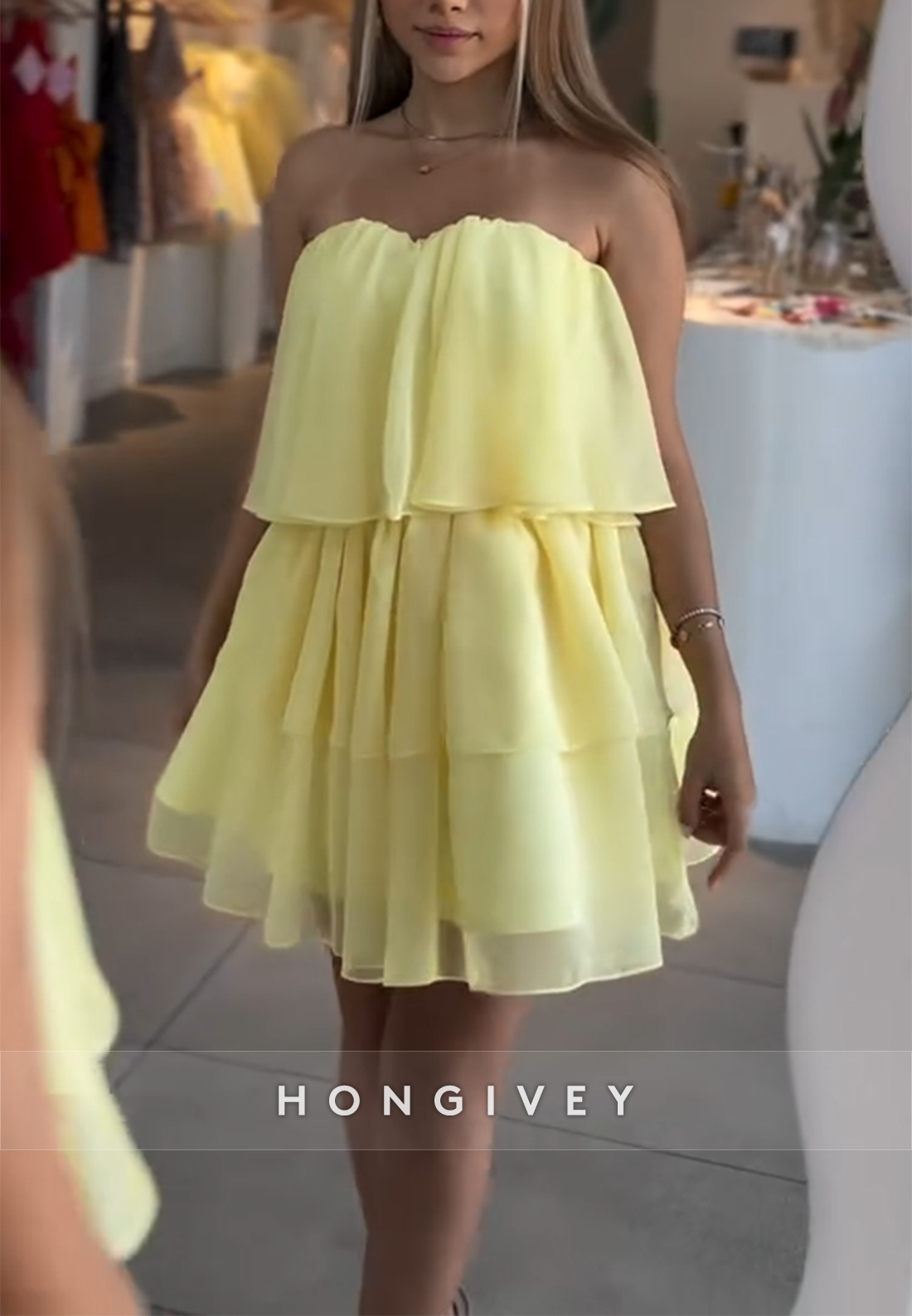 Yellow Strapless Sweetheart A-Line Tie Back Short Homecoming Dress