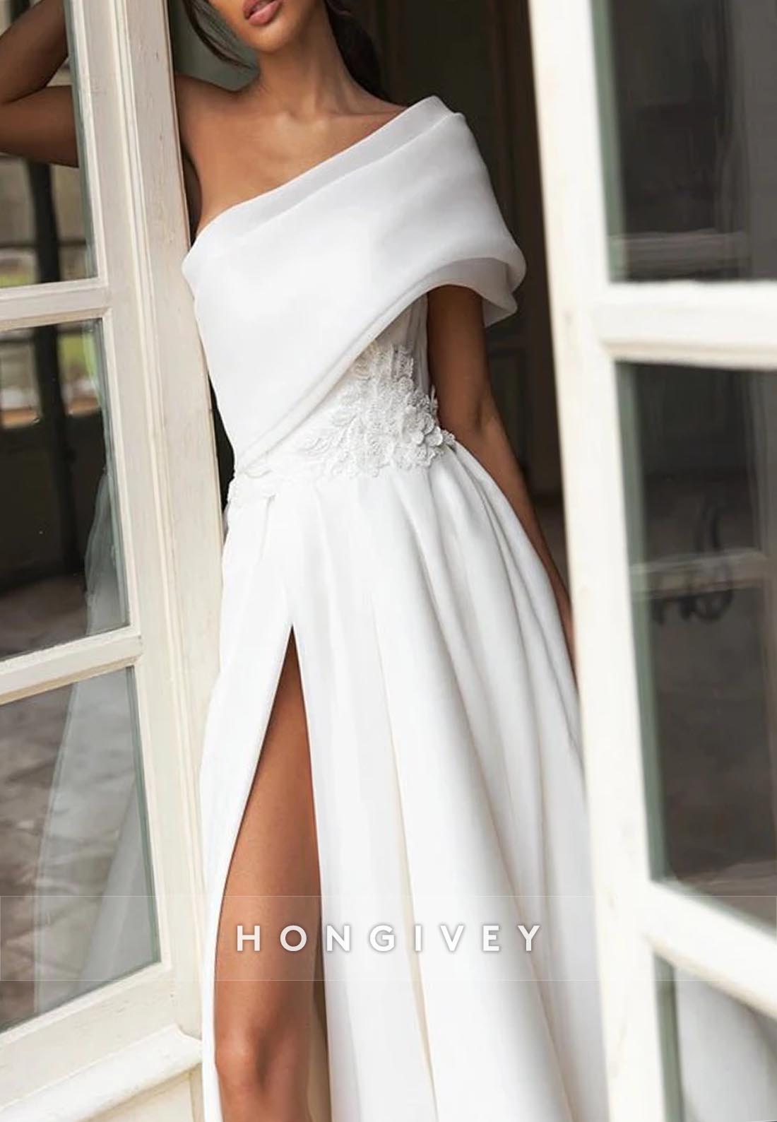 HIgh Slit One Shoulder Flowers Pleated Chapel Train Bowknot Wedding Dresses